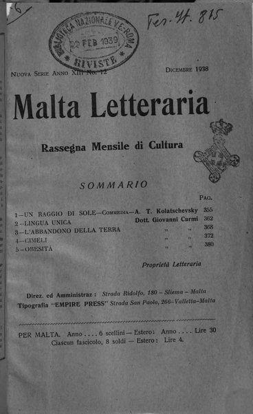 Malta letteraria rassegna mensile di lettere, scienze ed arti