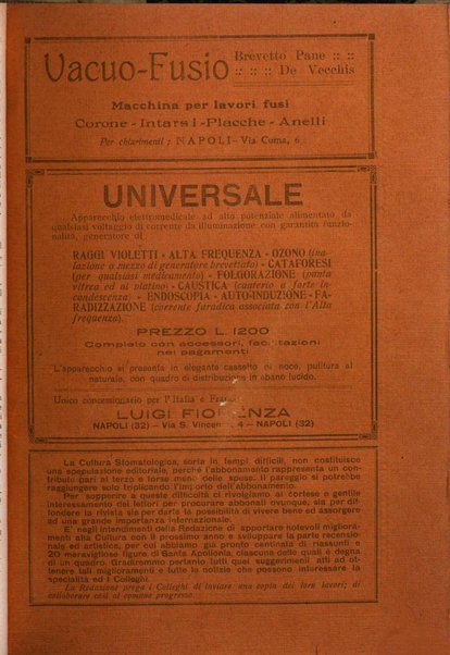 La cultura stomatologica rassegna mensile di scienza, arte, storia e problemi professionali