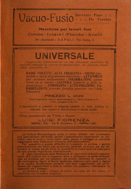 La cultura stomatologica rassegna mensile di scienza, arte, storia e problemi professionali