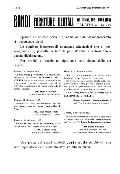 La cultura stomatologica rassegna mensile di scienza, arte, storia e problemi professionali