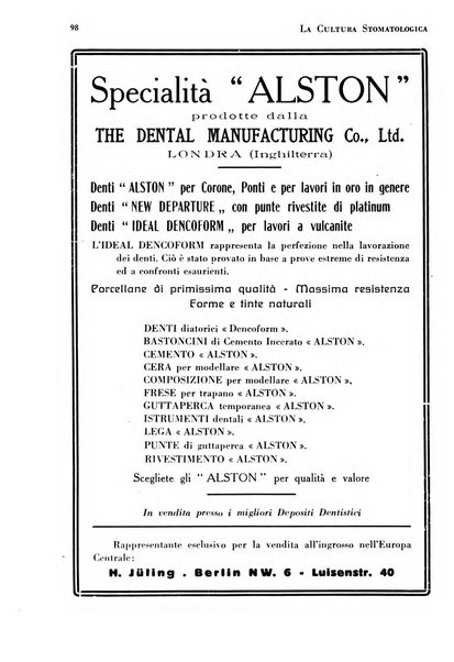La cultura stomatologica rassegna mensile di scienza, arte, storia e problemi professionali