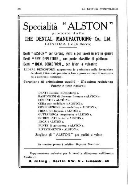 La cultura stomatologica rassegna mensile di scienza, arte, storia e problemi professionali