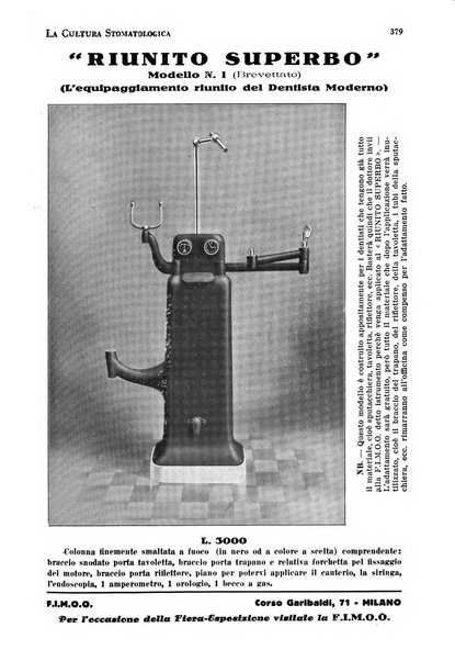 La cultura stomatologica rassegna mensile di scienza, arte, storia e problemi professionali
