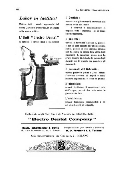 La cultura stomatologica rassegna mensile di scienza, arte, storia e problemi professionali