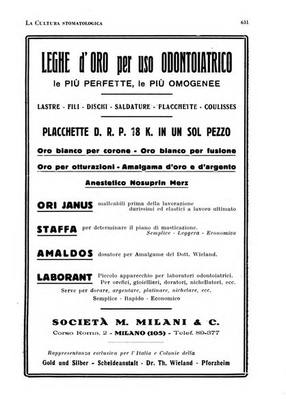 La cultura stomatologica rassegna mensile di scienza, arte, storia e problemi professionali