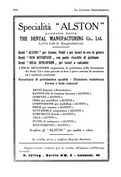 La cultura stomatologica rassegna mensile di scienza, arte, storia e problemi professionali