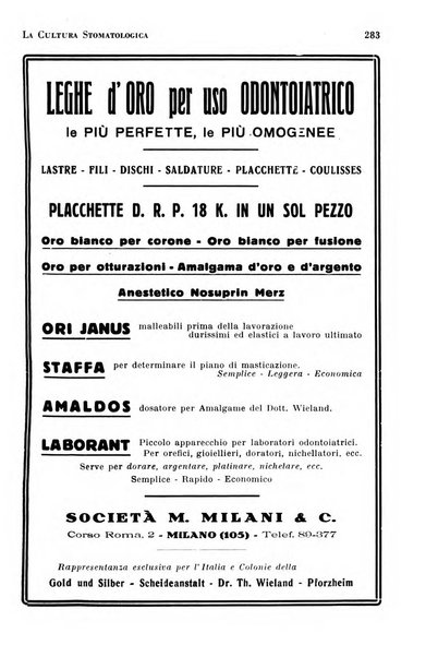 La cultura stomatologica rassegna mensile di scienza, arte, storia e problemi professionali