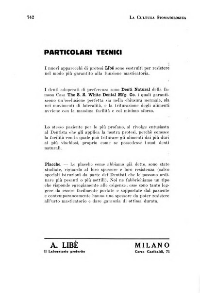 La cultura stomatologica rassegna mensile di scienza, arte, storia e problemi professionali