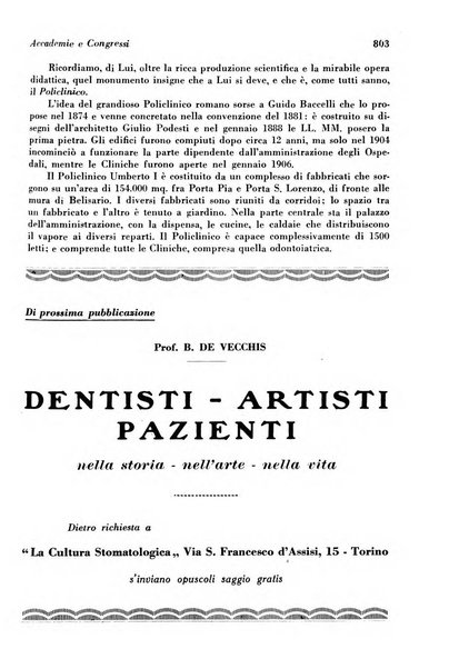 La cultura stomatologica rassegna mensile di scienza, arte, storia e problemi professionali