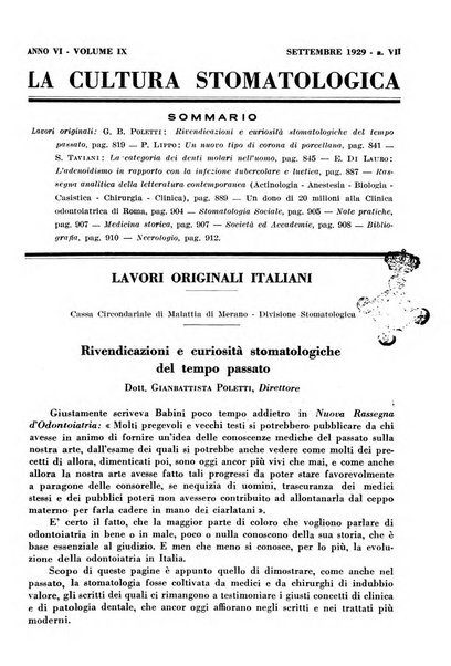 La cultura stomatologica rassegna mensile di scienza, arte, storia e problemi professionali