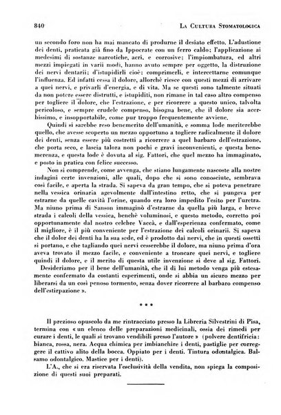 La cultura stomatologica rassegna mensile di scienza, arte, storia e problemi professionali