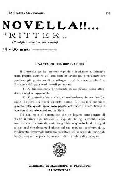 La cultura stomatologica rassegna mensile di scienza, arte, storia e problemi professionali