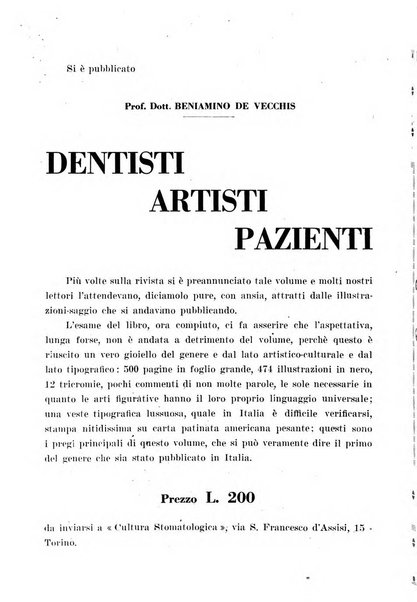 La cultura stomatologica rassegna mensile di scienza, arte, storia e problemi professionali