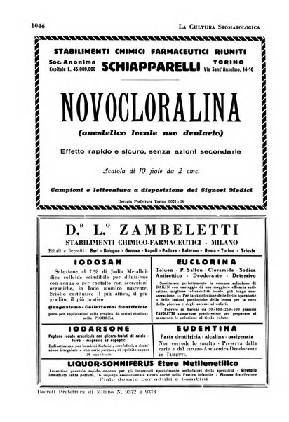 La cultura stomatologica rassegna mensile di scienza, arte, storia e problemi professionali