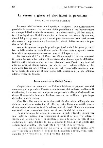 La cultura stomatologica rassegna mensile di scienza, arte, storia e problemi professionali