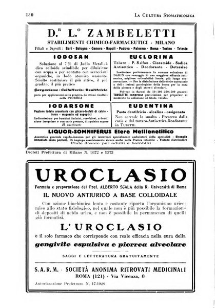 La cultura stomatologica rassegna mensile di scienza, arte, storia e problemi professionali