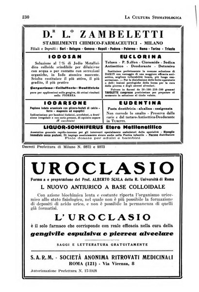 La cultura stomatologica rassegna mensile di scienza, arte, storia e problemi professionali