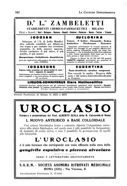 La cultura stomatologica rassegna mensile di scienza, arte, storia e problemi professionali