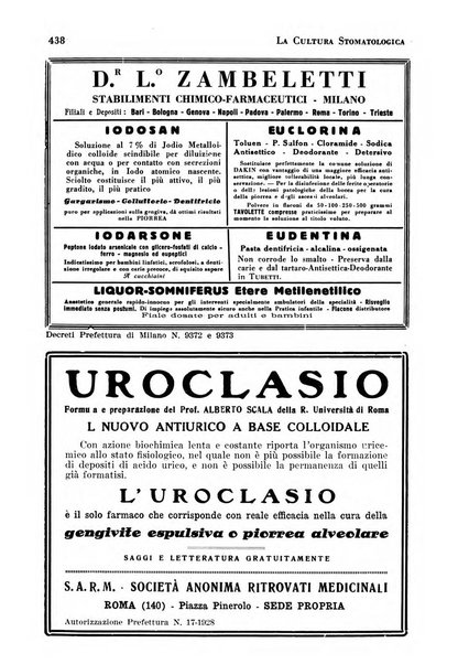 La cultura stomatologica rassegna mensile di scienza, arte, storia e problemi professionali