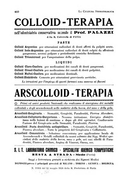 La cultura stomatologica rassegna mensile di scienza, arte, storia e problemi professionali