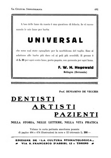 La cultura stomatologica rassegna mensile di scienza, arte, storia e problemi professionali