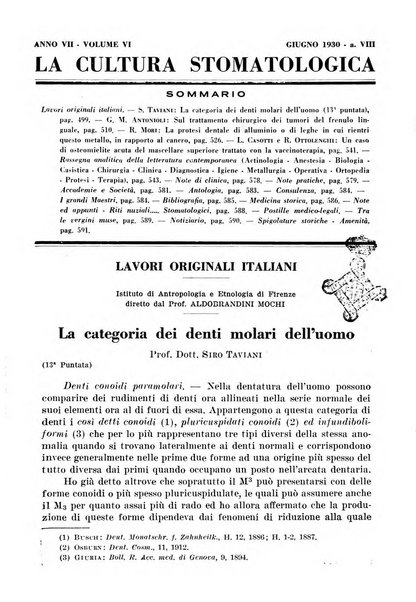 La cultura stomatologica rassegna mensile di scienza, arte, storia e problemi professionali