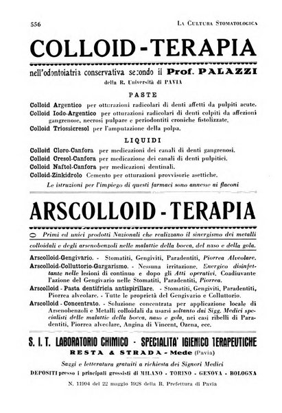 La cultura stomatologica rassegna mensile di scienza, arte, storia e problemi professionali