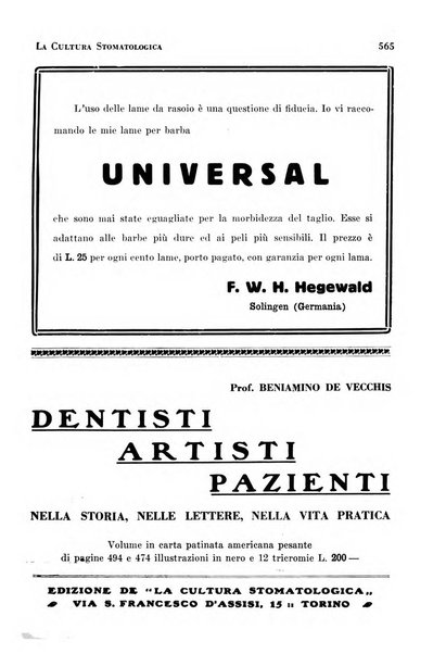 La cultura stomatologica rassegna mensile di scienza, arte, storia e problemi professionali