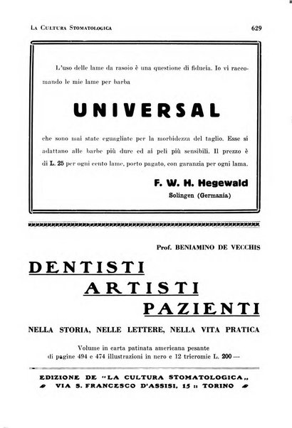 La cultura stomatologica rassegna mensile di scienza, arte, storia e problemi professionali