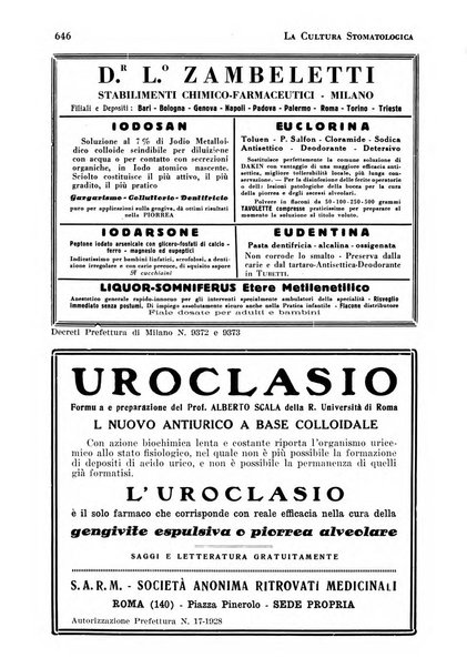 La cultura stomatologica rassegna mensile di scienza, arte, storia e problemi professionali