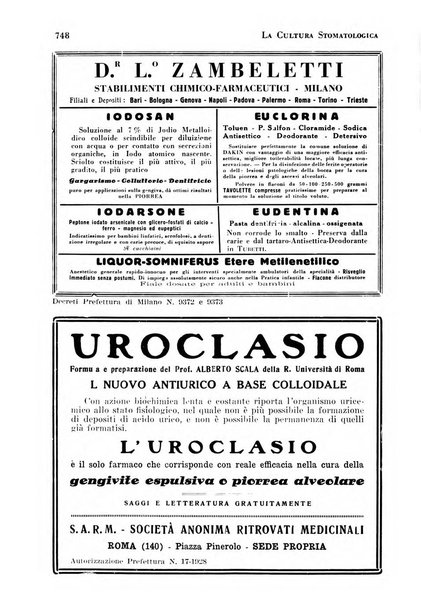 La cultura stomatologica rassegna mensile di scienza, arte, storia e problemi professionali