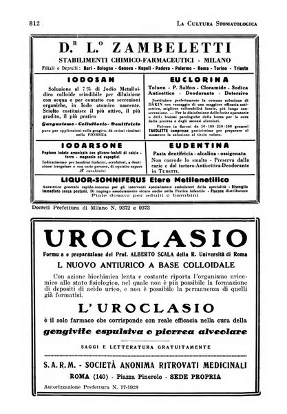 La cultura stomatologica rassegna mensile di scienza, arte, storia e problemi professionali