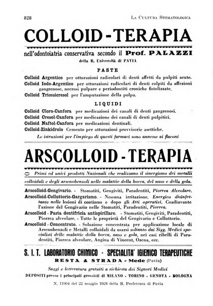 La cultura stomatologica rassegna mensile di scienza, arte, storia e problemi professionali