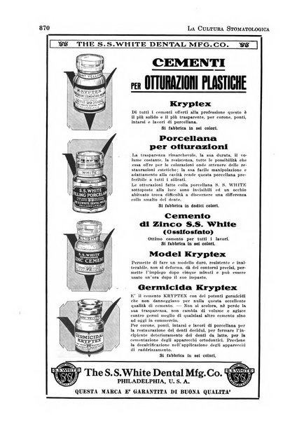 La cultura stomatologica rassegna mensile di scienza, arte, storia e problemi professionali