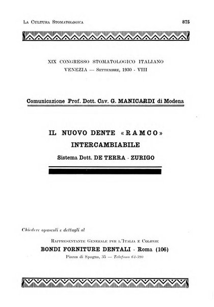 La cultura stomatologica rassegna mensile di scienza, arte, storia e problemi professionali