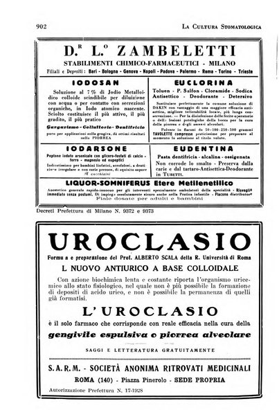 La cultura stomatologica rassegna mensile di scienza, arte, storia e problemi professionali