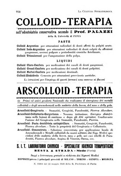 La cultura stomatologica rassegna mensile di scienza, arte, storia e problemi professionali