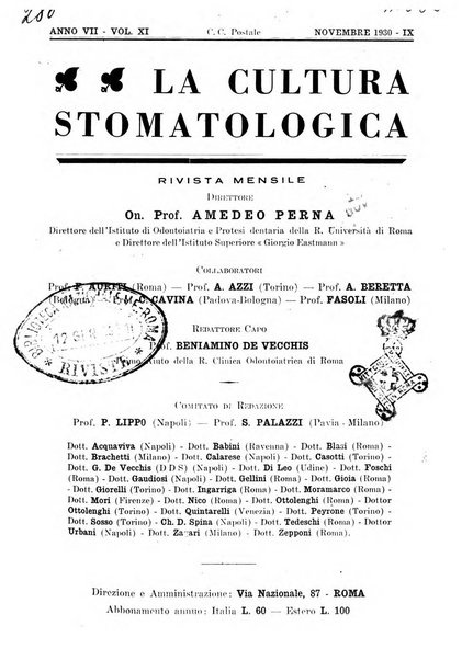 La cultura stomatologica rassegna mensile di scienza, arte, storia e problemi professionali