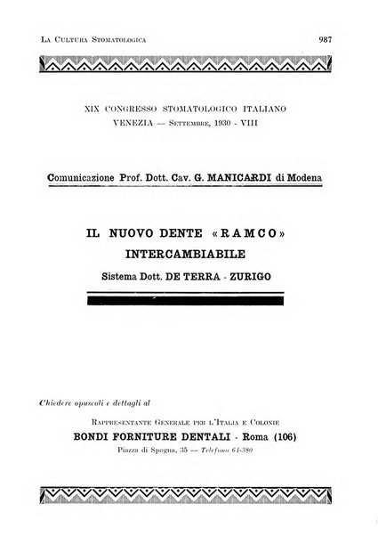 La cultura stomatologica rassegna mensile di scienza, arte, storia e problemi professionali