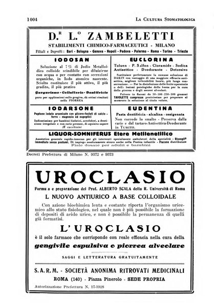 La cultura stomatologica rassegna mensile di scienza, arte, storia e problemi professionali