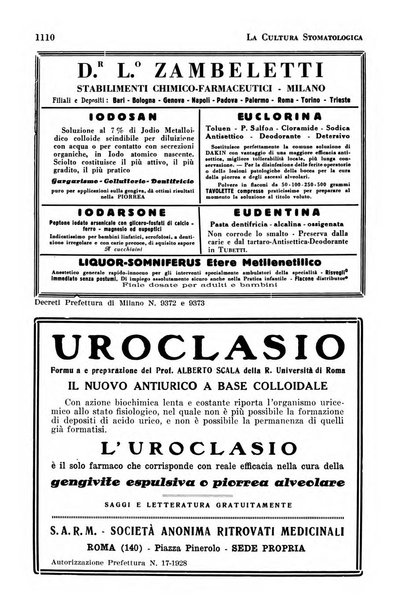 La cultura stomatologica rassegna mensile di scienza, arte, storia e problemi professionali