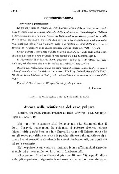 La cultura stomatologica rassegna mensile di scienza, arte, storia e problemi professionali