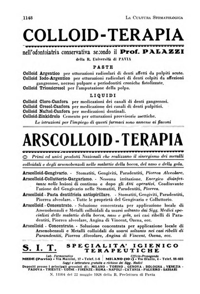 La cultura stomatologica rassegna mensile di scienza, arte, storia e problemi professionali