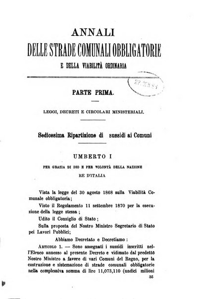 Annali delle strade comunali obbligatorie e della viabilita ordinaria raccolta contenente gli atti ufficiali, i pareri del Consiglio di Stato..