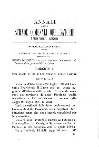 Annali delle strade comunali obbligatorie e della viabilita ordinaria raccolta contenente gli atti ufficiali, i pareri del Consiglio di Stato..