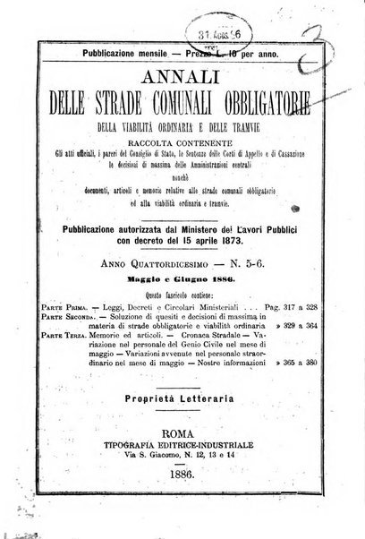 Annali delle strade comunali obbligatorie e della viabilita ordinaria raccolta contenente gli atti ufficiali, i pareri del Consiglio di Stato..