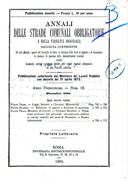 Annali delle strade comunali obbligatorie e della viabilita ordinaria raccolta contenente gli atti ufficiali, i pareri del Consiglio di Stato..