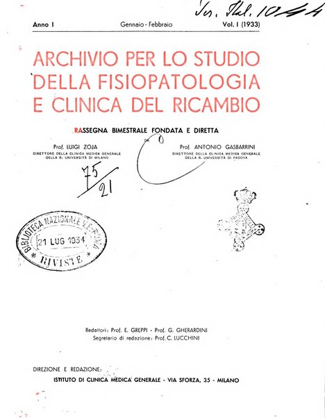 Archivio per lo studio della fisiopatologia e clinica del ricambio rassegna bimestrale