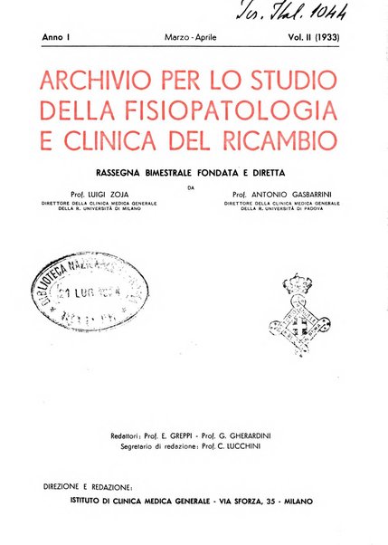 Archivio per lo studio della fisiopatologia e clinica del ricambio rassegna bimestrale