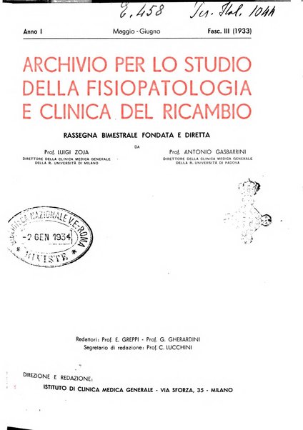 Archivio per lo studio della fisiopatologia e clinica del ricambio rassegna bimestrale